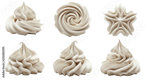 Whipped cream swirls collection, six white frosting dollops on white background, decorative sweet meringue peaks for dessert topping