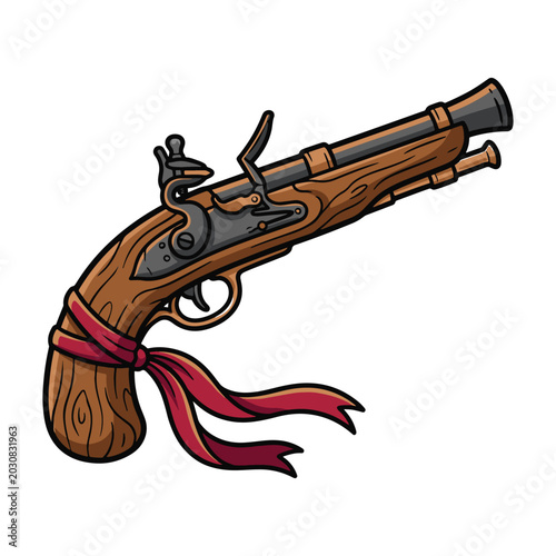 Foto Antique wooden pirate flintlock pistol with a beautiful red ribbon tied to the handle vector illustration