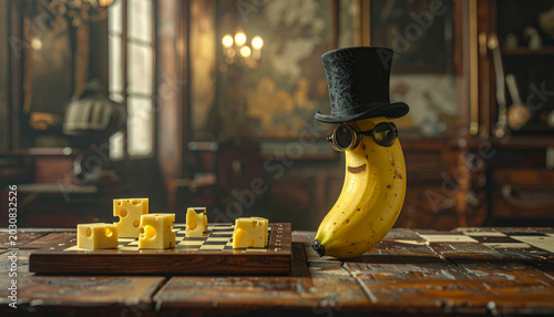 A dapper banana wearing a top hat and monocle plays chess with cheese pieces in a vintage room