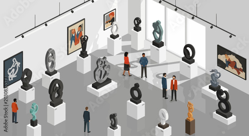 Photos People visiting a modern art gallery with contemporary sculptures and paintings