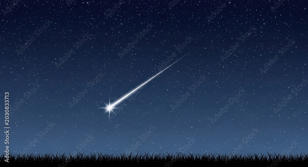 Obraz premium Beautiful Shooting Star Streaking Across a Clear Night Sky with Many Stars and Grass Silhouette Illustration