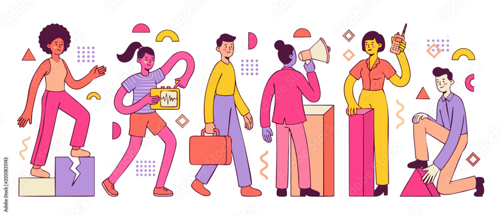 Fototapeta premium Business Team Collaboration and Success Concept Illustration with Diverse Characters Working Together on Growth Projects, Modern Flat Graphic Style for Professional Corporate Presentations and Project