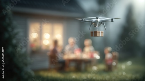 Drone delivering package to family gathered outside home, repres