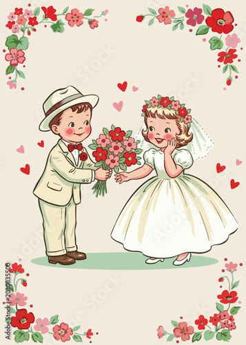 Retro wedding invitation card template with cute couple. Vintage style illustration of little bride, groom. Cute romantic vintage wedding card design. Classic retro wedding invitation, floral border