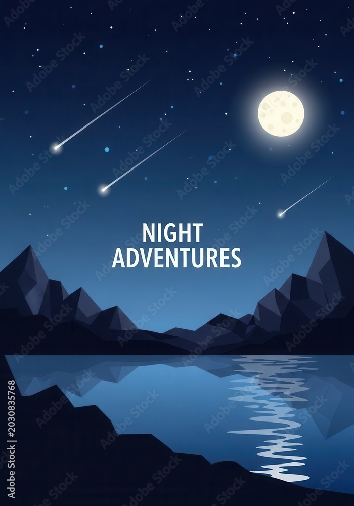 Fototapeta premium Night Adventures Vector Illustration with Low Poly Mountains, Full Moon, and Shooting Stars over a Calm Lake