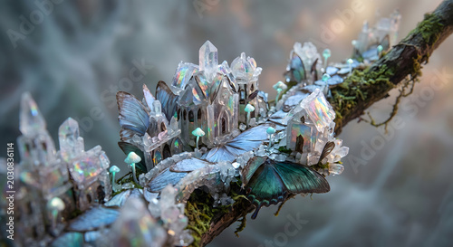 Miniature crystal butterfly castle branch macro