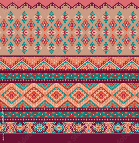 Seamless ethnic ikat border pattern with traditional geometric motifs and tribal stripes for textile design.