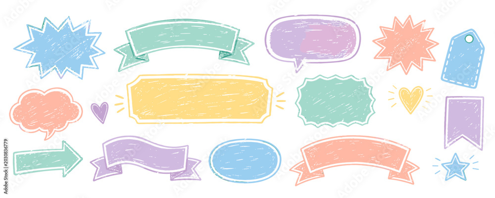 Obraz premium Collection of colorful hand-drawn speech bubbles, banners, and shapes with chalk texture