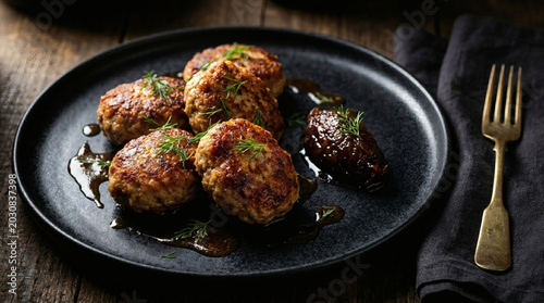 Danish Frikadeller Meatballs Plated with Pan Sauce in Restaurant Style