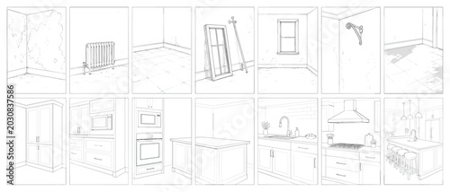Interior design sketches showing kitchen renovation and construction elements