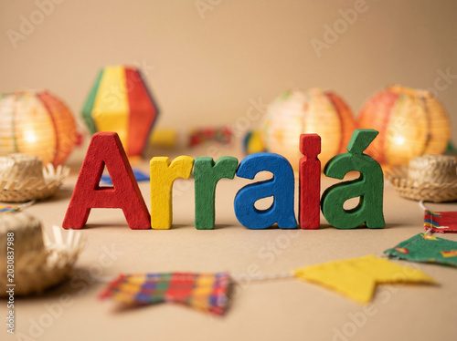 Colorful arraia decoration with lanterns and party flags