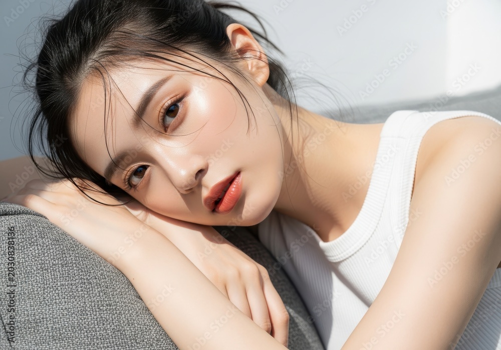 Obraz premium Beautiful Young Asian Woman with Glowing Skin and Natural Makeup Relaxing on a Sofa in Bright Sunlight