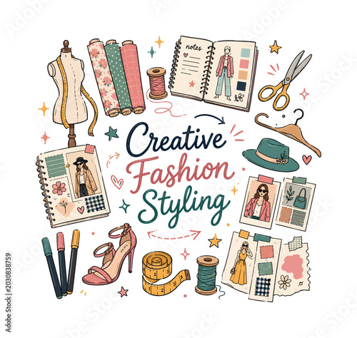 Creative Fashion Styling. Hand drawn illustration of Creative Fashion Styling. mannequin figure, fabric rolls, sewing scissors, fashion notebook, measuring tape, clothing hanger, trendy shoes, mood