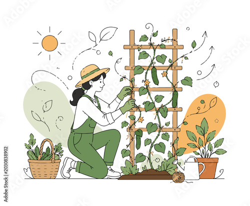 Climbing Plant Care. Woman tying vegetable vines to a trellis with careful hands, organizing stems under warm sunlight in a calm productive garden. Floating leaf motifs, twine loops, and subtle upward
