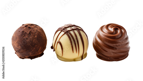 Foto Three assorted chocolate truffles dark white with drizzle, and milk chocolate