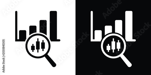 Photos Growth bar chart under a magnifying glass showing candlestick elements vector icon