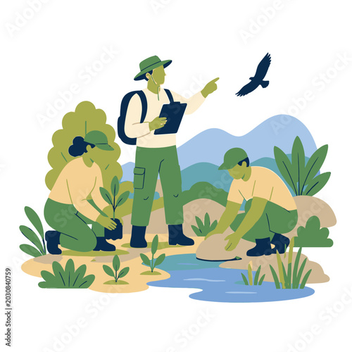 Obraz na płótnie Family of nature lovers with plants and river illustration.