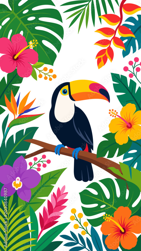 Fototapeta premium Vibrant toucan perched amidst lush tropical foliage and exotic flowers