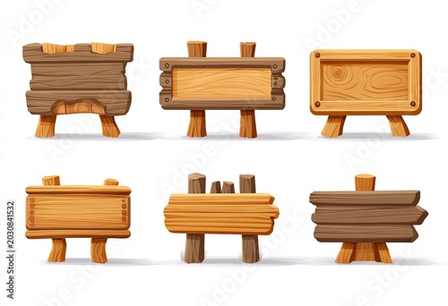 Six cartoon-style wooden signs on small legs, perfect for games or whimsical designs