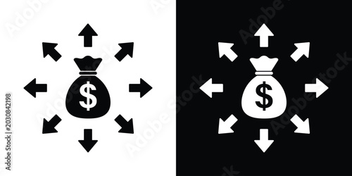 Dollar money bag with arrows pointing outward vector icon. Financial distribution, diversified investment, and spending concept. Black and white.
