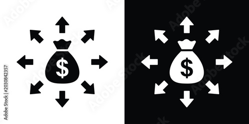 Foto Dollar money bag with arrows pointing outward vector icon