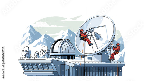 Quadro su tela Satellite Maintenance in Arctic Station: Two technicians in red suits scale a large satellite dish atop a research station, surrounded by snow-capped mountains and a winter landscape