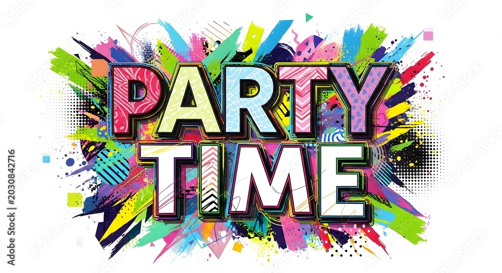 Fototapeta premium Party time text design with paint splatters and colorful comic book style patterns on white background, celebration