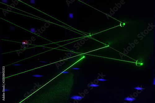Green laser beams in a dark room
