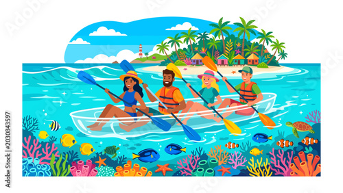 Canvas-taulu Kayaking Tropical Paradise: A group of friends paddle a transparent kayak through crystal-clear turquoise waters, exploring a vibrant coral reef teeming with colorful fish, en route to a lush
