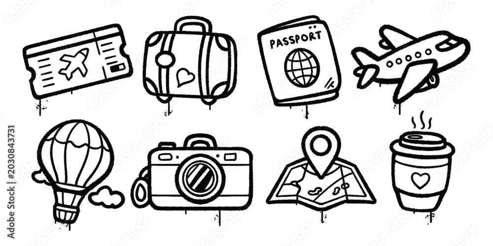 Fototapeta premium Set of graffiti spray Traveler Lifestyle Journeys, Memories, and Destinations vector illustration