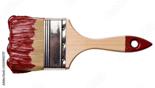Schilderij op canvas Paintbrush with red paint dripping from bristles and handle
