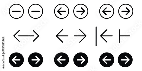 Obraz na płótnie Arrow Buttons Icon Set, website slider navigation symbols with next and previous rounded buttons, modern web interface vector illustration isolated on transparent background