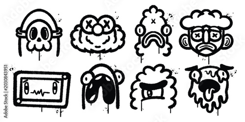 Konstfotografi Set of graffiti spray Collection of Unique Cartoon Faces with Absurd and Scary E
