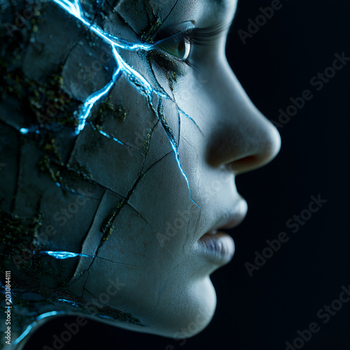 Futuristic robot woman with cracked skin and glowing lines on dark background  