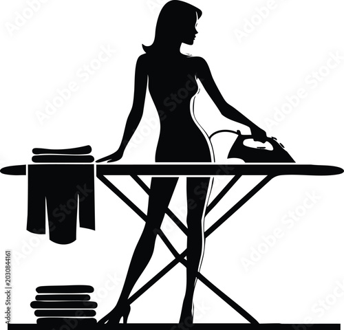 Cuadro en lienzo Woman ironing clothes on a board in this artistic black silhouette design on whi