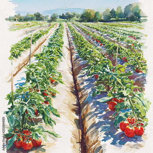 Tomato Farm Field with Rows of Plants, Watercolor Illustration