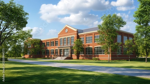 Exterior view of a brick building with green lawn, trees, and bl