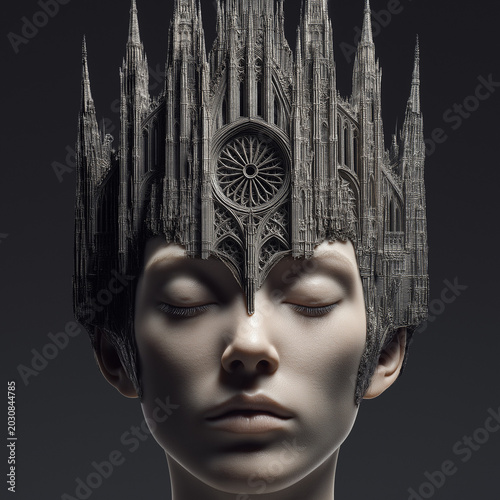 Abstract sculpture of a woman with cathedral-inspired headpiece  