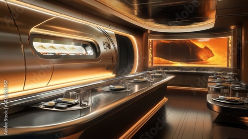 Futuristic restaurant interior with modern design, metallic surf