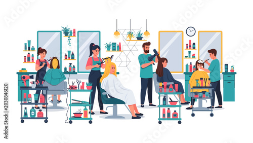 Fotografija Hairstyling Salon: A busy hair salon buzzing with activity as stylists attend to clients, offering a glimpse into the world of personal grooming and transformation