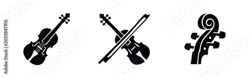 Foto Minimalist black silhouettes of a violin, bow, and scroll