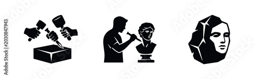 Obraz na płótnie Minimalist black silhouette icons depicting stone carving, a sculptor at work on a classical bust, and a face emerging from raw rock