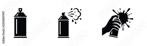 Cuadro en lienzo Set of three black spray paint can icons including a static can, spraying nozzle, and a hand with a splash