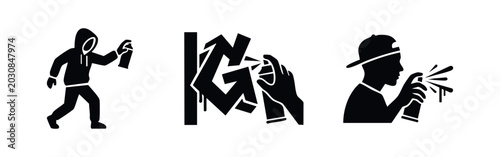 Foto Set of black silhouette icons depicting graffiti artists and street art culture, featuring hooded figures and spray paint cans on a white background