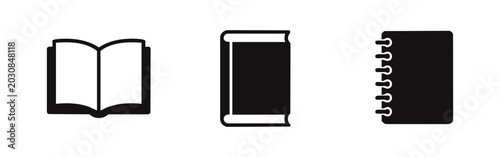 Tableau sur toile Set of black and white book icons featuring an open book, a closed hardcover book, and a spiral notebook