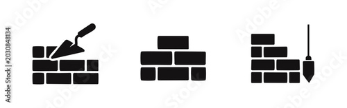 Tableau sur toile Minimalist black icons depicting the masonry process, including a trowel applying mortar, a solid brick wall, and a plumb bob for vertical alignment
