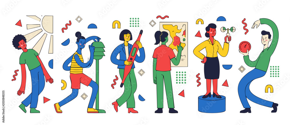 Fototapeta premium Weather Forecast Team Flat Vector Illustration with Meteorologists Analyzing Climate Data, Temperature, Wind Speed and Maps for Scientific Research and Environmental Monitoring Concepts in Colorful Ar
