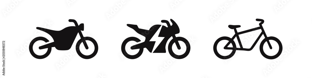 Obraz premium Minimalist black silhouette icons of a motorcycle, an electric motorbike with a lightning bolt symbol, and a bicycle on a white background.