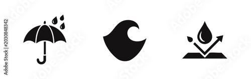 Foto Set of three black icons representing waterproof, water-resistant, and repellent properties for product labels, textiles, and outdoor gear
