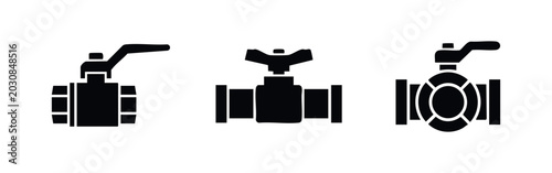 Photos Set of three black industrial valve icons for piping and plumbing systems, including ball and gate valves, isolated on a white background